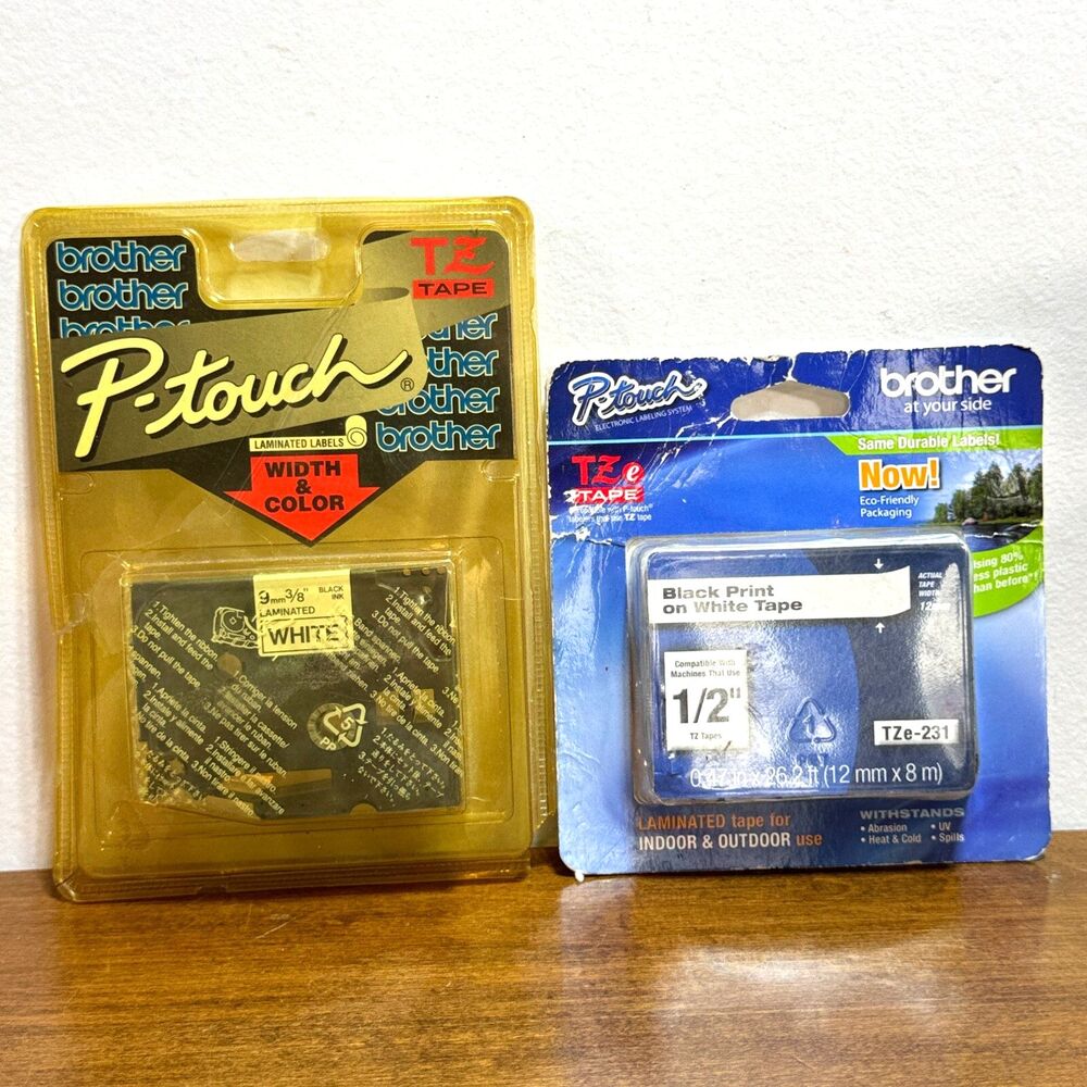 2pc Genuine Brother P-Touch Black Print on White Label Tape TZe-231 3/8" 1/2" TZ